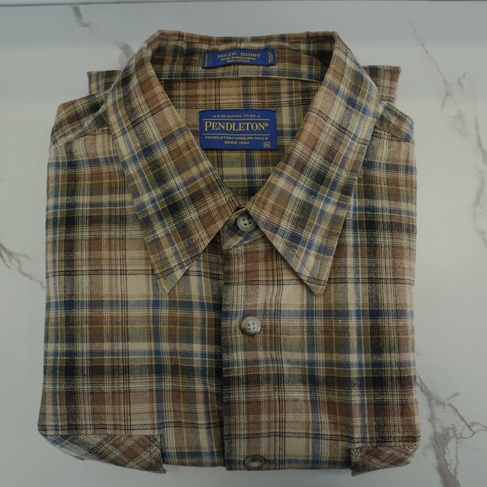 Pendleton Hiker Shirt Men's XL Tan/Brown Plaid Long Sleeve Woven Cotton Outdoor